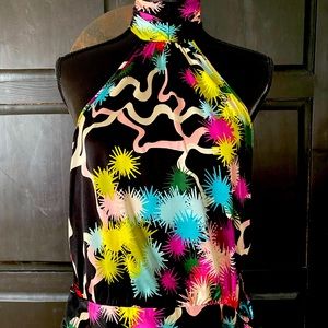 Halter silk Trina Turk top with bloused bottom and tie (left side)